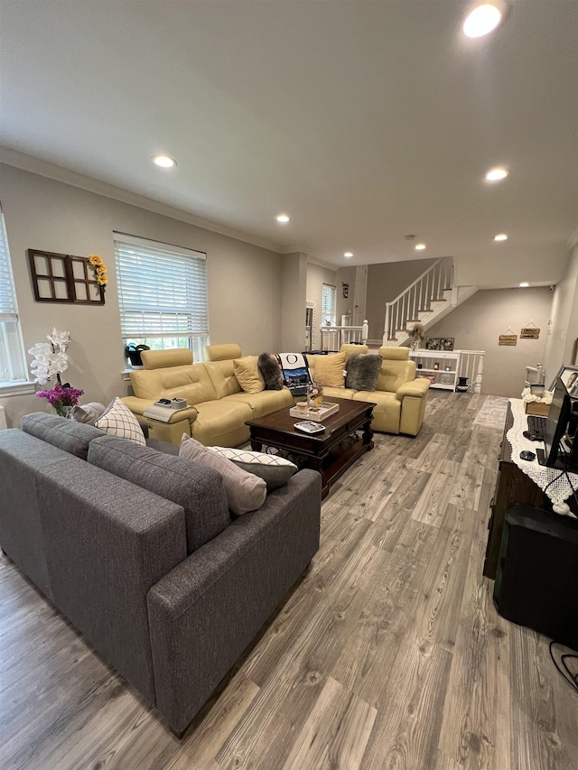 living room featuring crown molding and hardwood / wood-style flooring