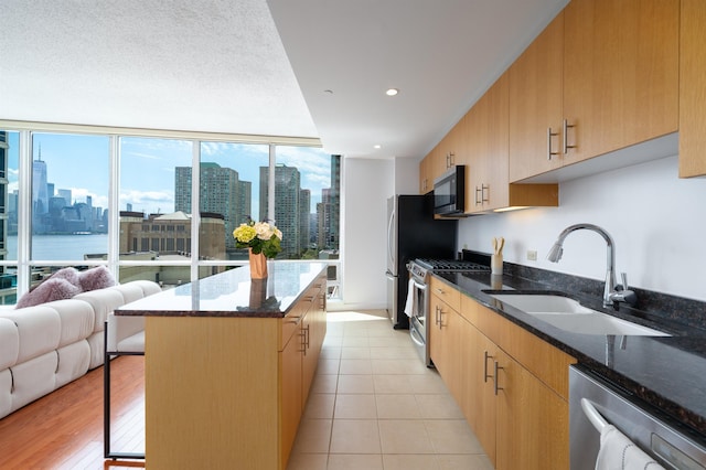 1 Shore Ln Unit 1208, Jersey City, NJ 07310 - kitchen featuring stainless steel appliances, dark stone counters, a skyline view, open floor plan, and a kitchen island
