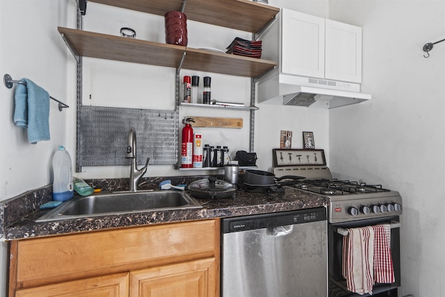 2615 John F Kennedy Blvd Unit B2, Jersey City, NJ 07306 - kitchen with stainless steel appliances, open shelves, under cabinet range hood, dark countertops, and white cabinetry