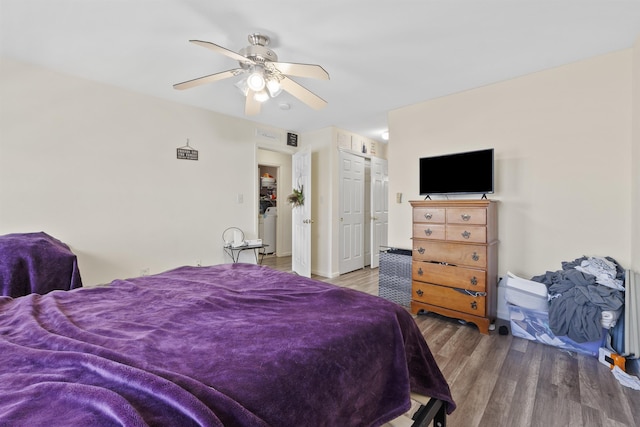 bedroom featuring wood-type flooring and ceiling fan