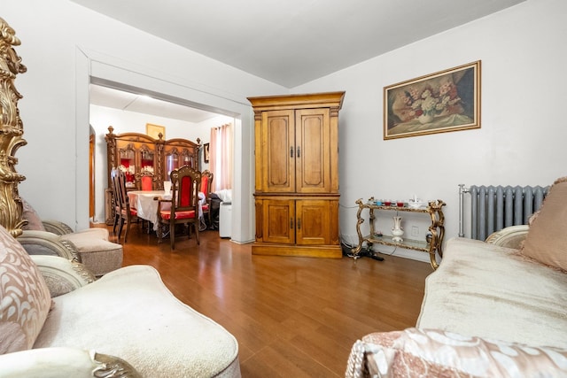 living room with radiator heating unit and dark hardwood / wood-style floors