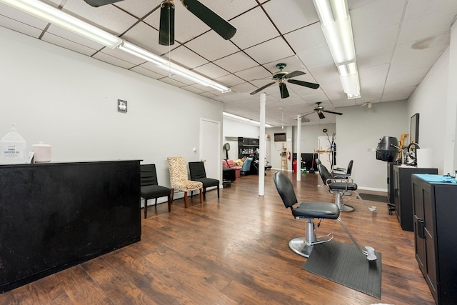 workout area with dark hardwood / wood-style floors and ceiling fan