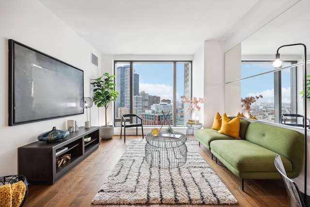 living room with light wood-type flooring and expansive windows