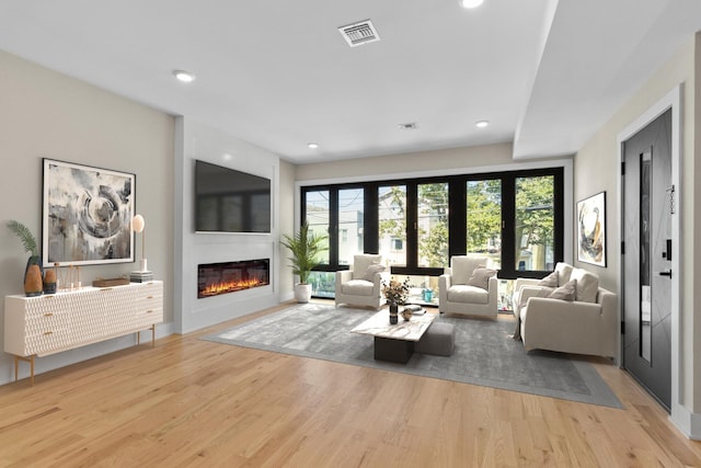 living room featuring a fireplace and light hardwood / wood-style flooring