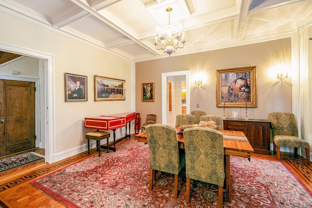 dining area featuring coffered ceiling, an inviting chandelier, crown molding, wood-type flooring, and beam ceiling