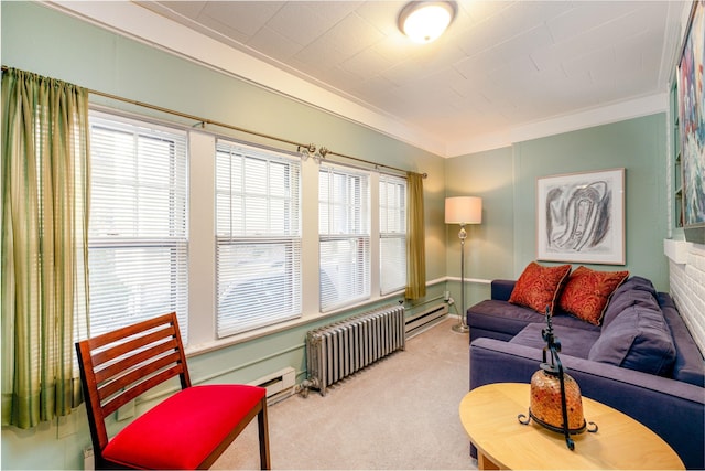 living room featuring light carpet, crown molding, and radiator heating unit