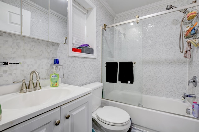 full bath with toilet, shower / bath combination with glass door, crown molding, and vanity