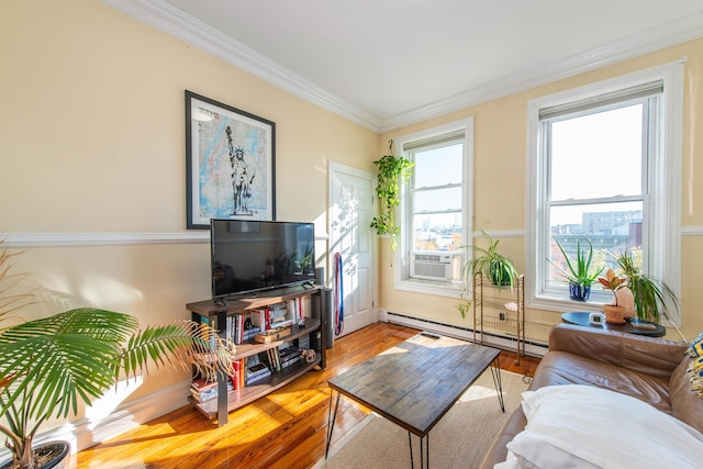 living room featuring wood-type flooring, a baseboard radiator, cooling unit, and ornamental molding