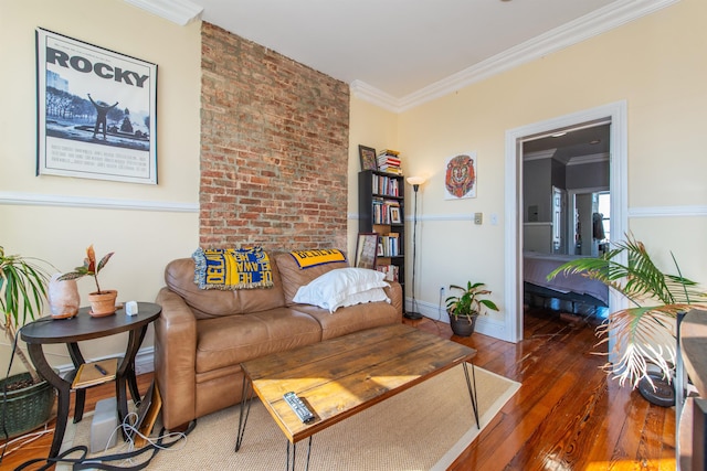 living room featuring dark wood-type flooring and ornamental molding