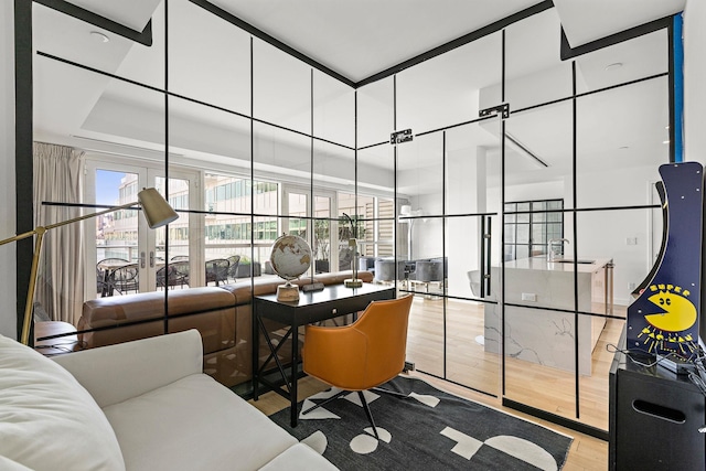 interior space featuring french doors and light hardwood / wood-style flooring