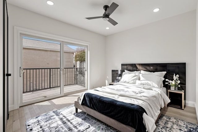 bedroom with ceiling fan, access to exterior, and light hardwood / wood-style flooring