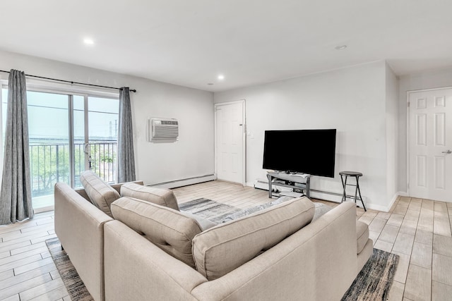2200 Paterson Plank Rd Unit 23, North Bergen, NJ 07047 - living room with baseboard heating, recessed lighting, wood finish floors, an AC wall unit, and baseboards