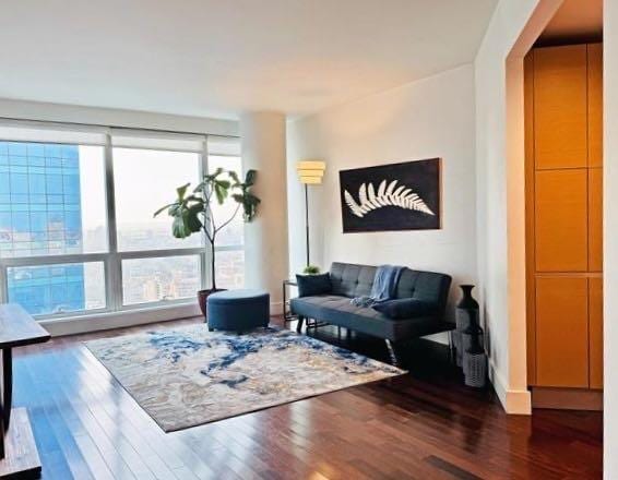 living area featuring expansive windows and wood finished floors