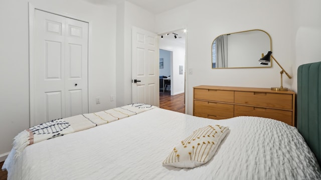 bedroom featuring dark wood-type flooring and a closet