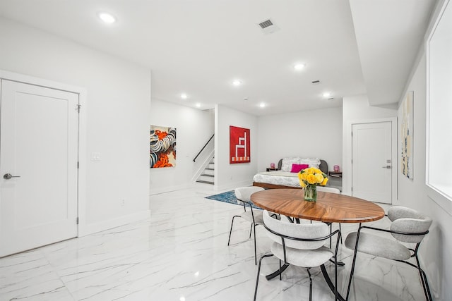 98 Van Horne St Unit A, Jersey City, NJ 07304 - dining space with stairway, marble finish floor, baseboards, visible vents, and recessed lighting