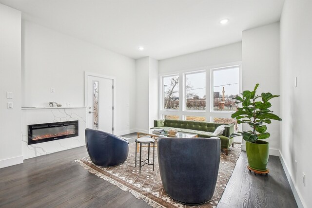 98 Van Horne St Unit A, Jersey City, NJ 07304 - living area featuring baseboards, a high end fireplace, wood finished floors, and recessed lighting