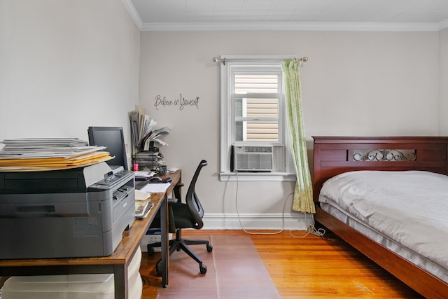 179 W 8th St, Bayonne, NJ 07002 - bedroom featuring wood finished floors, cooling unit, ornamental molding, baseboards, and an office area