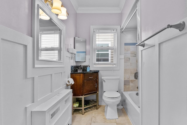 179 W 8th St, Bayonne, NJ 07002 - full bath featuring vanity, toilet, washtub / shower combination, plenty of natural light, and ornamental molding