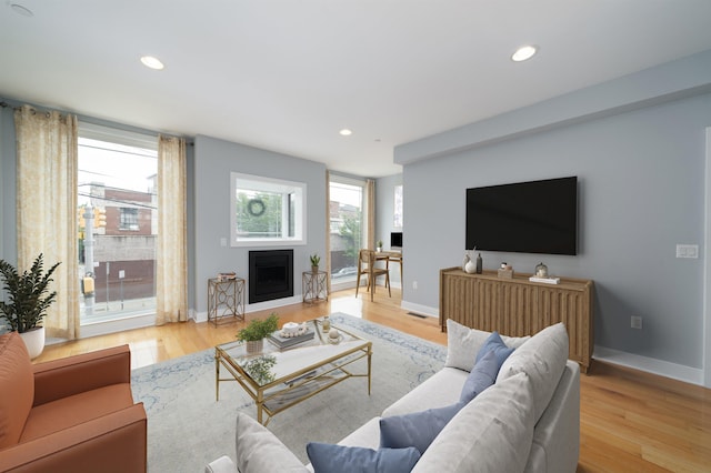 31 Ravine Ave Unit 1, Jersey City, NJ 07307 - living area with a fireplace, light wood finished floors, recessed lighting, and baseboards