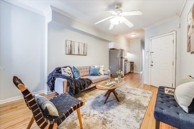519 Willow Ave Unit 3, Hoboken, NJ 07030 - living area featuring crown molding, light wood-type flooring, baseboards, and ceiling fan
