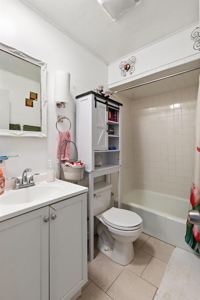 bathroom with shower / bath combo with shower curtain, toilet, tile patterned flooring, and vanity