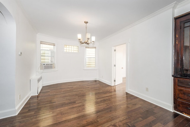 unfurnished dining area with crown molding, cooling unit, a notable chandelier, and dark hardwood / wood-style flooring