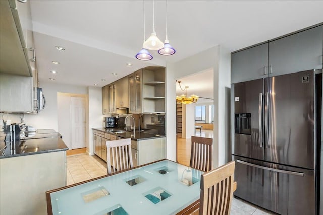 300 Winston Dr # 1822, Cliffside Park, NJ 07010 - kitchen with stainless steel fridge, light tile patterned floors, stove, open shelves, and recessed lighting