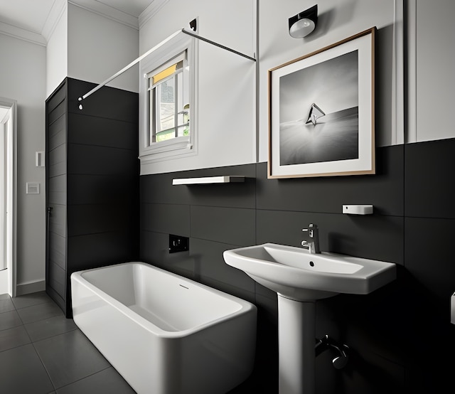 572 Gregory Ave, Weehawken, NJ 07086 - bathroom featuring a freestanding tub, ornamental molding, and tile patterned floors