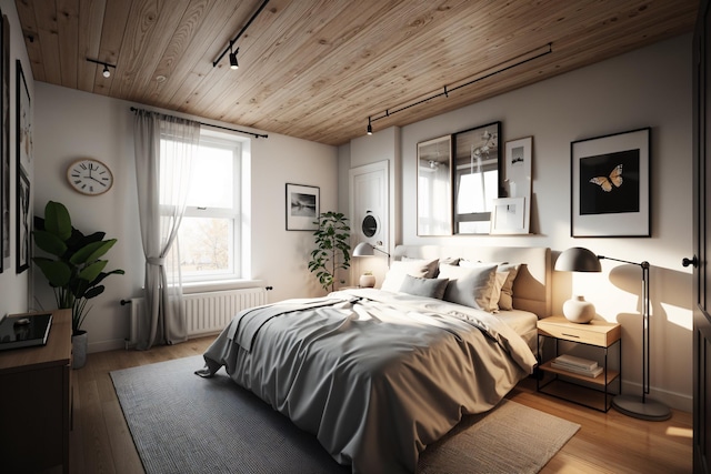 572 Gregory Ave, Weehawken, NJ 07086 - bedroom featuring rail lighting, wooden ceiling, light wood-type flooring, and radiator heating unit