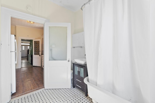 572 Gregory Ave, Weehawken, NJ 07086 - full bathroom with shower / bath combo, vanity, and tile patterned floors