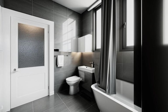 572 Gregory Ave, Weehawken, NJ 07086 - full bath with tile walls, tile patterned flooring, and shower / tub combo with curtain