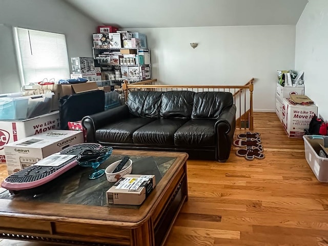 living room featuring wood-type flooring and vaulted ceiling