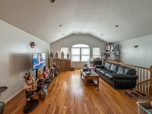 living room featuring wood-type flooring and lofted ceiling