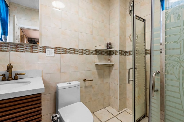 15 9th St, Bayonne, NJ 07002 - full bathroom featuring vanity, a stall shower, toilet, and tile walls