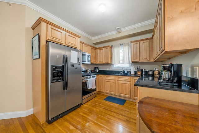 301 68th St Unit 8, Guttenberg, NJ 07093 - kitchen with stainless steel appliances, dark countertops, light wood-style flooring, crown molding, and light brown cabinetry