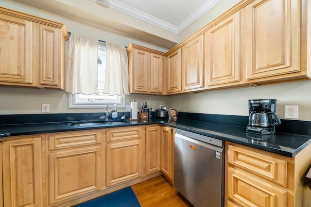 301 68th St Unit 8, Guttenberg, NJ 07093 - kitchen with dishwasher, crown molding, dark countertops, light brown cabinets, and light wood-style flooring