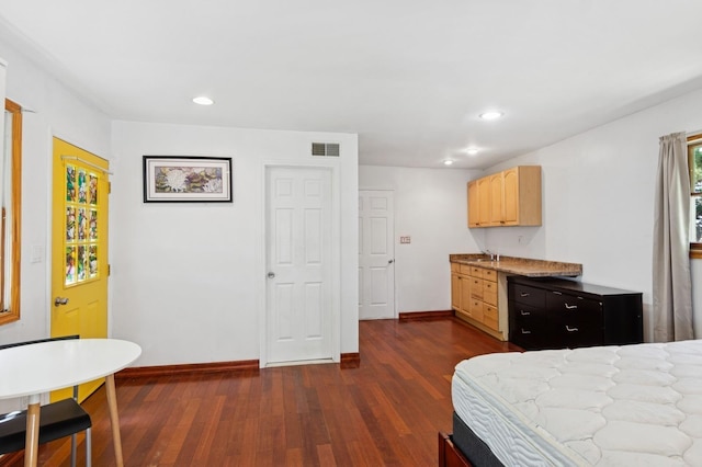 16 Hazel Ave, Livingston, NJ 07039 - bedroom featuring baseboards, dark wood-style floors, recessed lighting, and a sink