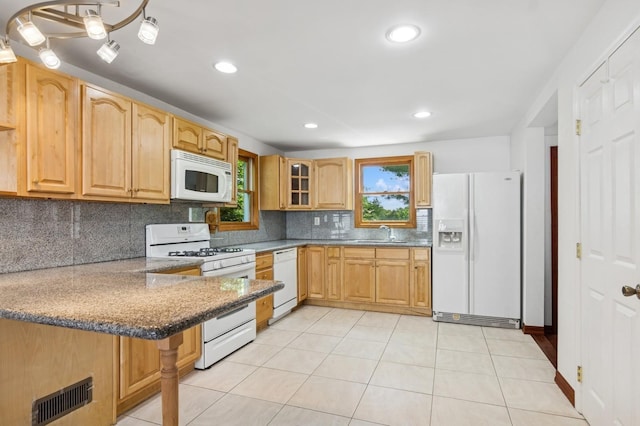 16 Hazel Ave, Livingston, NJ 07039 - kitchen featuring white appliances, a sink, backsplash, light tile patterned floors, and recessed lighting