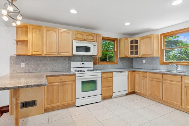 16 Hazel Ave, Livingston, NJ 07039 - kitchen with white appliances, a sink, open shelves, light brown cabinets, and recessed lighting