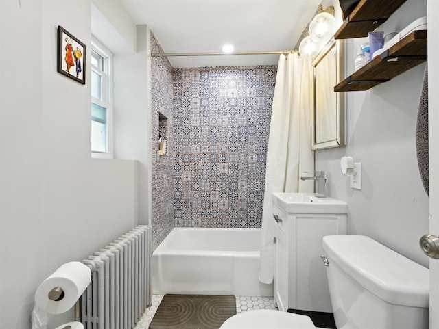 75 Reservoir Ave, Jersey City, NJ 07307 - bathroom with radiator heating unit, shower / bath combo with shower curtain, vanity, and tile patterned flooring