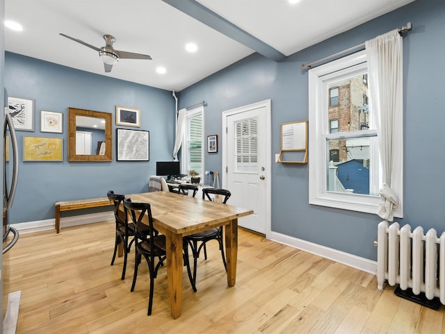 75 Reservoir Ave, Jersey City, NJ 07307 - dining space with radiator heating unit, a ceiling fan, light wood finished floors, recessed lighting, and plenty of natural light