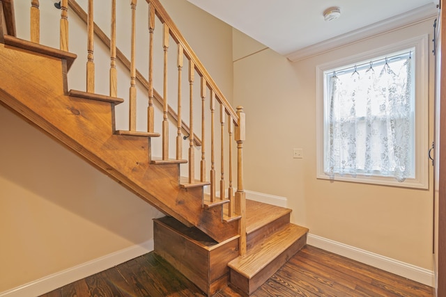 stairs featuring crown molding and wood-type flooring