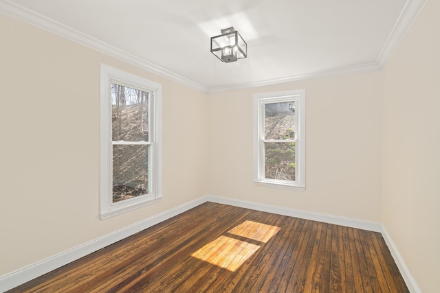 empty room featuring dark hardwood / wood-style floors and crown molding