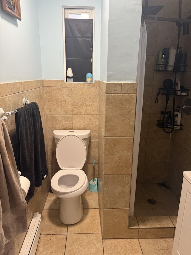 4312 Cottage St, North Bergen, NJ 07047 - full bath featuring a baseboard radiator, a shower stall, tile walls, and a wainscoted wall