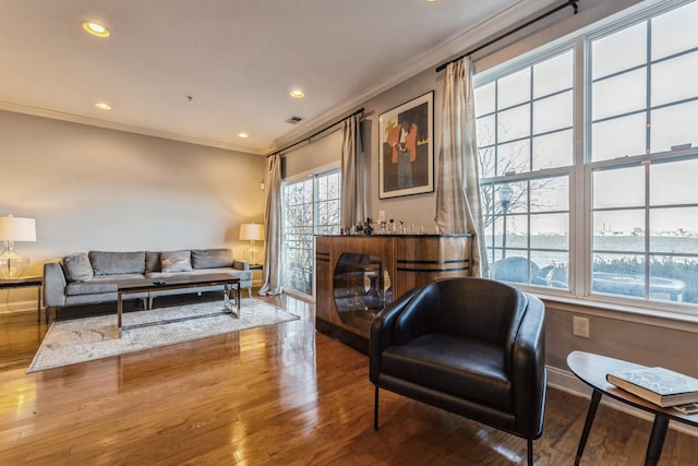 living area with wood-type flooring and ornamental molding