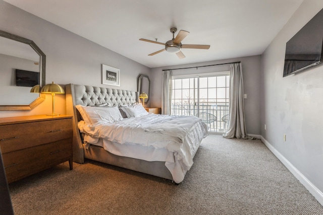 bedroom with access to outside, carpet floors, and ceiling fan