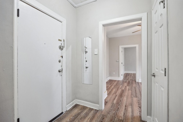 foyer with baseboards and wood finished floors