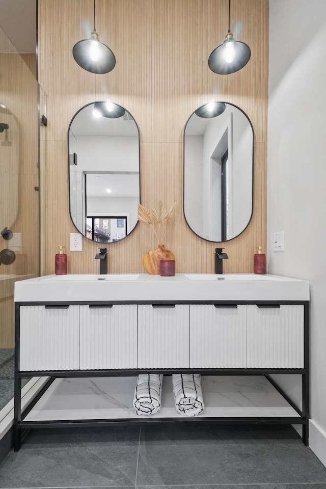 bathroom with vanity and walk in shower