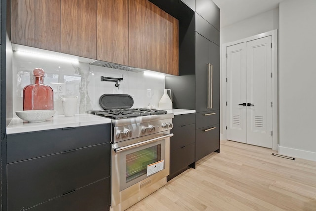 kitchen featuring light hardwood / wood-style floors, stainless steel range, and tasteful backsplash