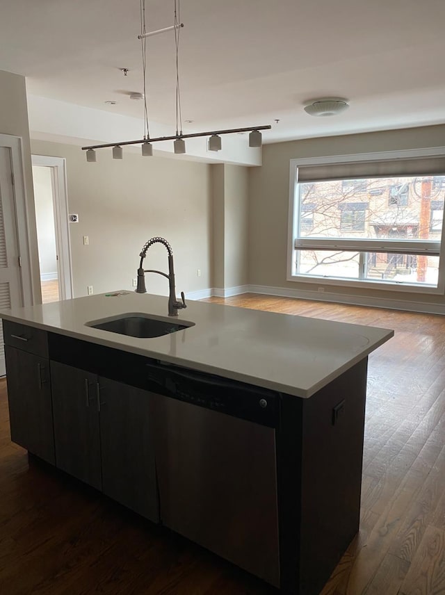 635 6th St Unit 2C, Hoboken, NJ 07030 - kitchen with a center island with sink, dark cabinetry, dark wood finished floors, and dishwasher